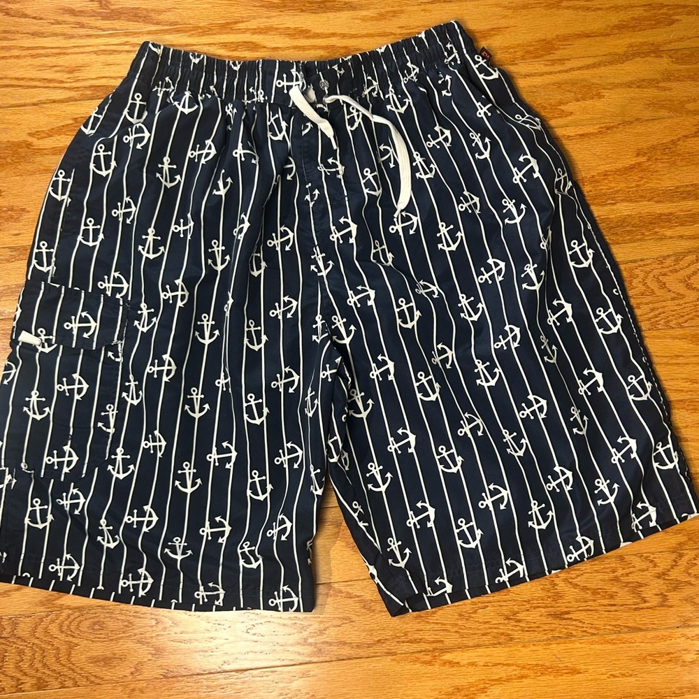White and Blue Nautical Board Shorts with Elastic Waistband
